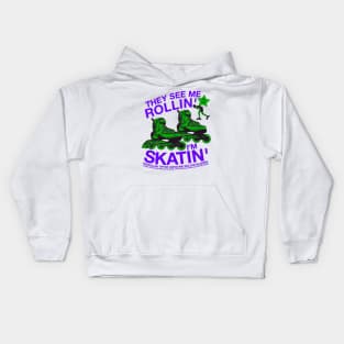 They See Me Rollin... I'm Skatin... Tryna Catch Me Roller Blading (green / purple) Kids Hoodie